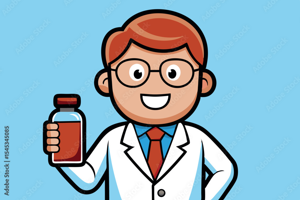 Poster cartoon scientist holding a potion in a lab setting with a cheerful expression