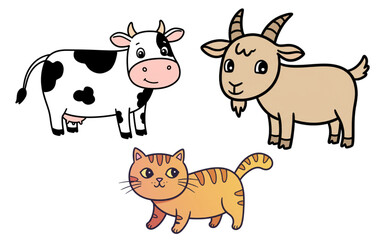 Adorable Farm Animals Cartoon Set Perfect for Kids Books Logos and Branding Design featuring a Cow Goat and Cat