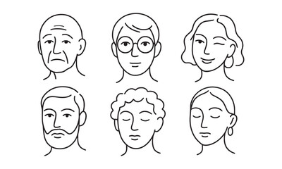 Six Line Art Portraits Diverse People Expressions Black White Minimalist Illustrations faces