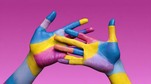 Hand with a pink stripe on it is painted with blue and yellow. The hand is painted with a rainbow of colors