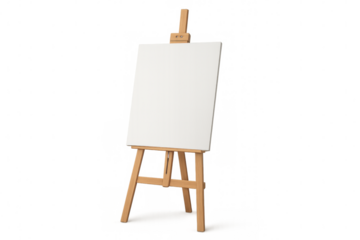 Wooden easel is holding a blank white canvas on transparent background, ready for painting or presentation