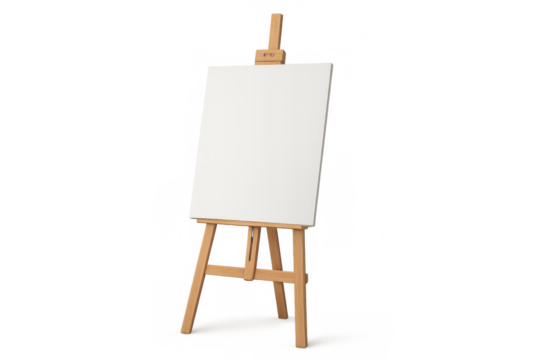 Wooden easel is holding a blank white canvas on transparent background, ready for painting or presentation