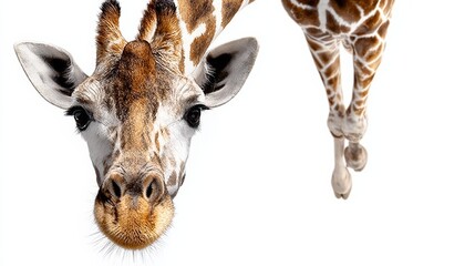 Giraffe is looking at the camera with its head tilted. The giraffe is standing on a white background