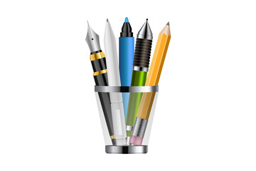 Assortment of writing tools in a glass cup against a black background stationery concept