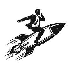 businessman in a suit talking on a phone riding a rocket, silhouette illustration