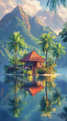 Serene tropical bungalow on a secluded island, reflected in calm waters, majestic mountains backdrop.