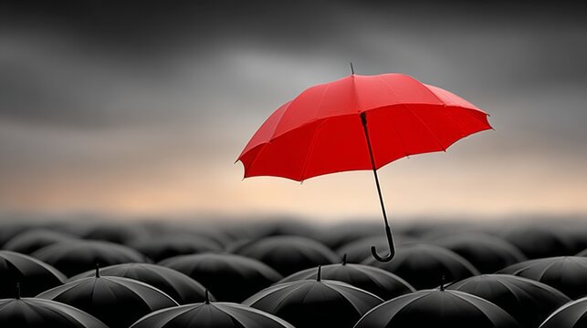 Red umbrella is floating above a field of black umbrellas. Concept of loneliness and isolation, as the red umbrella stands out against the sea of black umbrellas. The contrast between the bright red
