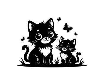 A playful black cat and its kitten sit in grass, surrounded by butterflies, illustrated in a cute, cartoonish style.
