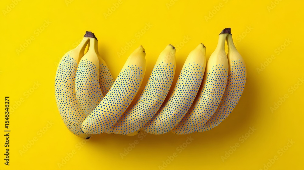 Poster bunch of bananas with blue dots on them. the bananas are arranged in a row and are placed on a yello