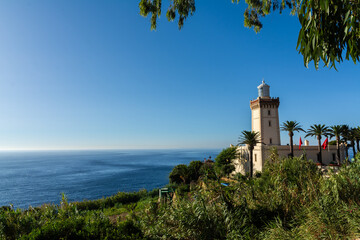 Cape Spartel lighthouse near Tangier, Morocco, overlooking the meeting point of the Atlantic Ocean...