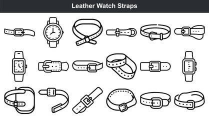 Leather Watch Straps Collection Black Line Icons Set