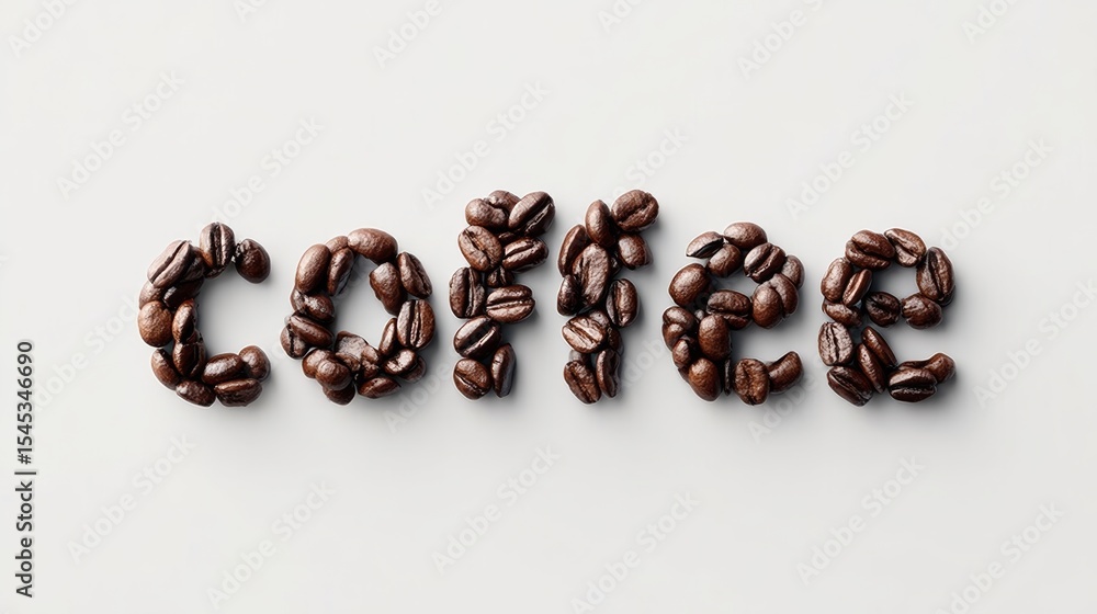 Poster the image is of coffee beans scattered across a white background. the coffee beans are arranged in a