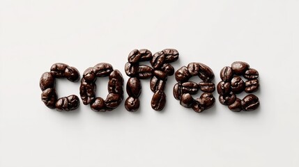 The image is a creative representation of the word "coffee" using coffee beans. The beans are arranged in a way that resembles the letters of the word, with each bean representing a letter