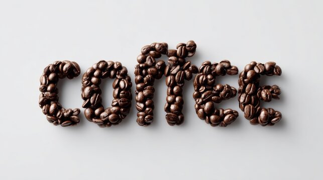 The image is a creative representation of the word "coffee" using coffee beans. The beans are scattered all over the image, creating a textured and visually interesting effect