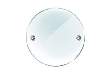Circular glass sign with silver fixtures on a black background for presentation