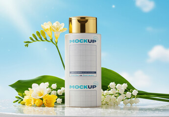 Shampoo Bottle Jar Packaging Mockup with Flowers