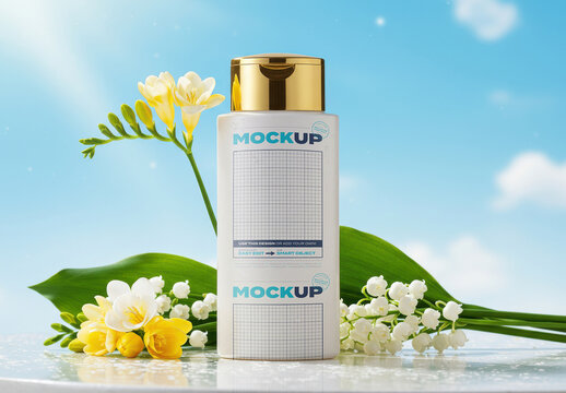 Shampoo Bottle Jar Packaging Mockup with Flowers