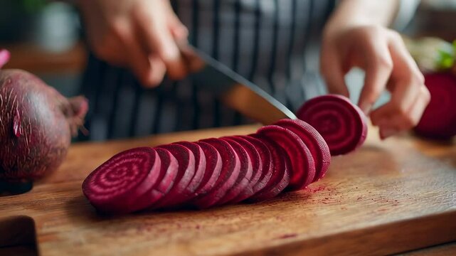 Close-up of hands slicing raw beets on a wooden cutting board in a cozy kitchen, capturing the vibrant color and fresh food preparation process.