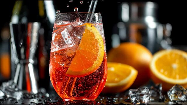 Refreshing Aperol Spritz Cocktail with Orange Slice in a Glass Surrounded by Ice Cubes and Fresh Oranges in a Bar Setting with Shiny Metal Shakers on a Dark Background Drink Mixology 178 Characters