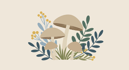 Stylized Mushroom Cluster with Botanical Accents in Earthy Tones.