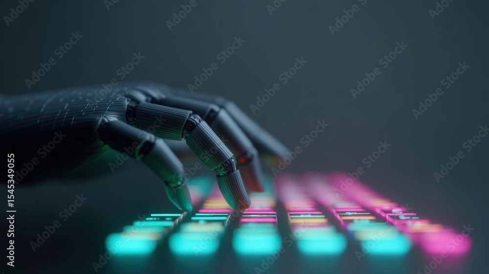 Poster futuristic robot hand interacting with colorful digital keyboard