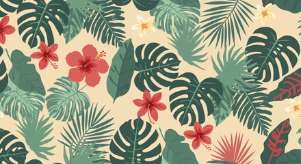 Tropical Floral Pattern with Red Hibiscus Yellow Plumeria and Green Monstera Leaves.