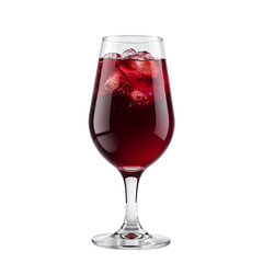 Refreshing beverage served in a glass with ice cubes and red liquid  