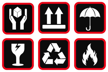 Handling and packing symbols icon set including fragile on white background. Packaging Symbols on cardboard box. Packaging symbols. Handle with care. Fragile icon
