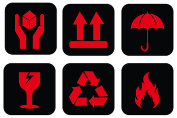 Packaging Symbols isolated on white background. Packaging symbols. Handle with care. Fragile icon set on white background. Fragile package icons set, handle with care logistics and delivery shipping