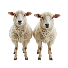 Fototapeta premium Two sheep standing side by side on white background 