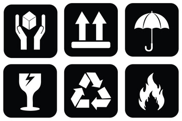 Fragile package icons set, handle with care logistics and delivery shipping labels, fragile box. Packaging & Warning Symbols Vector Set, Package Warning Symbols, Fragile, Handle with Care, Flammable