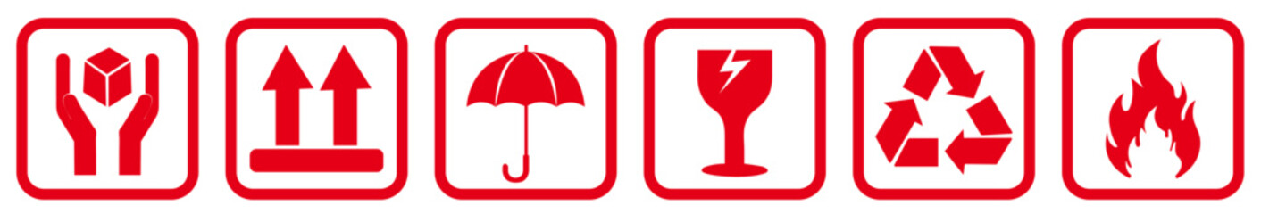 Packaging & Warning Symbols Vector Set, Package Warning Symbols, Fragile, Handle with Care, Flammable, This Side Up, Delivery & Shipping Icons on white background. 