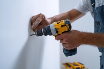 Skilled worker using a cordless drill to install fixtures on a wall indoors during renovation work
