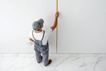 Man measuring a wall in a room with marble flooring during a home renovation project