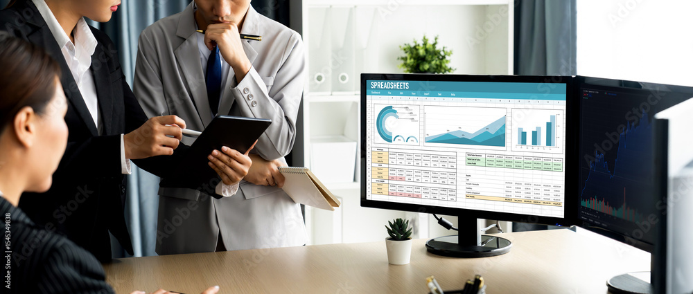 Poster spreadsheet document information financial startup concept. data and graphs in spreadsheet documents