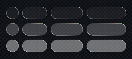 Obraz na płótnie Canvas Transparent liquid glass buttons and shapes with reflections. User interface element for modern app design and web template. Vector graphics.