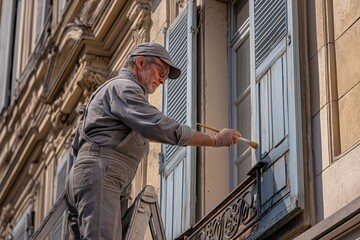 Fototapeta premium Skilled artisan painting shutters on historic building exterior in a vibrant urban environment
