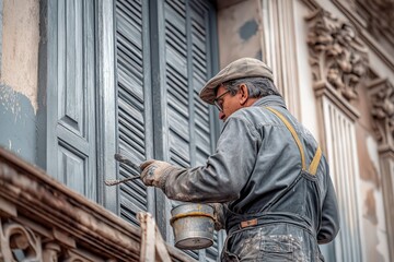 Skilled artisan restoring wooden shutters on historic building during daylight hours in a bustling city area