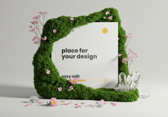 Square Page Poster Mockup with Grass Flowers and Cristals Stand