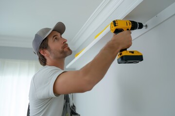 Home improvement project involves a man using a drill to install a shelf in a modern living room