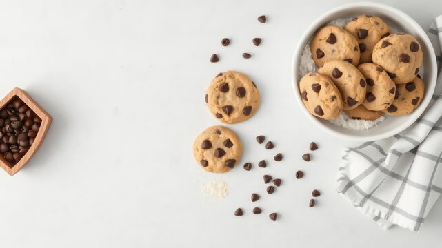 Delicious homemade chocolate chip cookies arranged on a white surface, perfect for a cozy snack or dessert presentation - Powered by Adobe