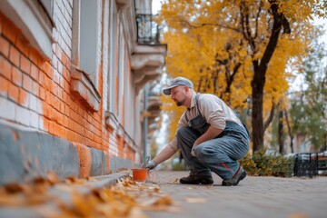 Painter works on restoring a building during autumn in a vibrant neighborhood filled with fallen leaves