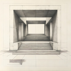 Striking staircase sketched with precise linework and a bright, inviting entrance in gray tones