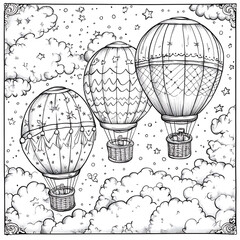 Three hot air balloons float amidst clouds and stars in a monochrome world