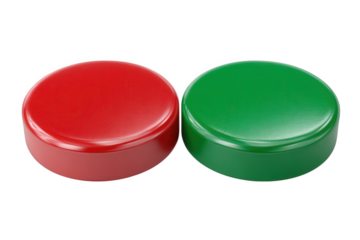 Close up of two round buttons red and green on black space on transparent background