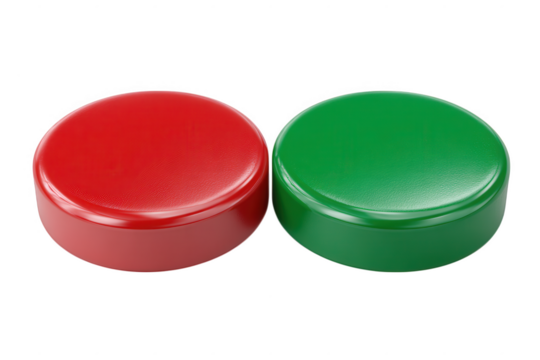 Close up of two round buttons red and green on black space on transparent background