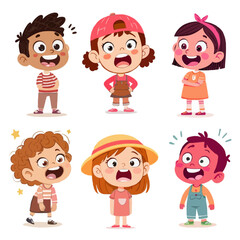 "Set of vector illustrations of cartoon children showing different emotions: happy, sad, angry, scared, surprised, excited, child-friendly style, bold outlines, bright colors"
