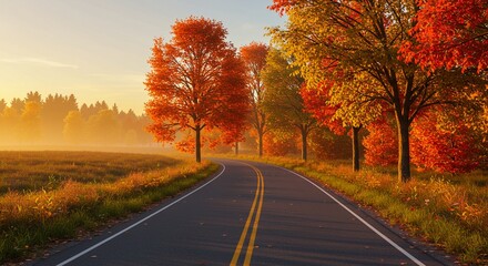 Fototapeta premium Majestic Autumn Drive: A Scenic Road Winding Through Vibrant Fall Foliage Under a Golden Sunrise. High quality professional stock photo suitable for commercial use.
