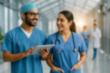 blurred for background. blurred figures of doctors and nurses in a hospital corridor. Doctors and...