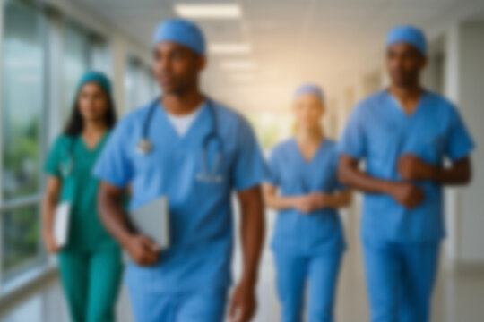 blurred for background. blurred figures of doctors and nurses in a hospital corridor. Doctors and nurses walking in hospital hallway. blurred motion. Moving human figure in the clinic corridor